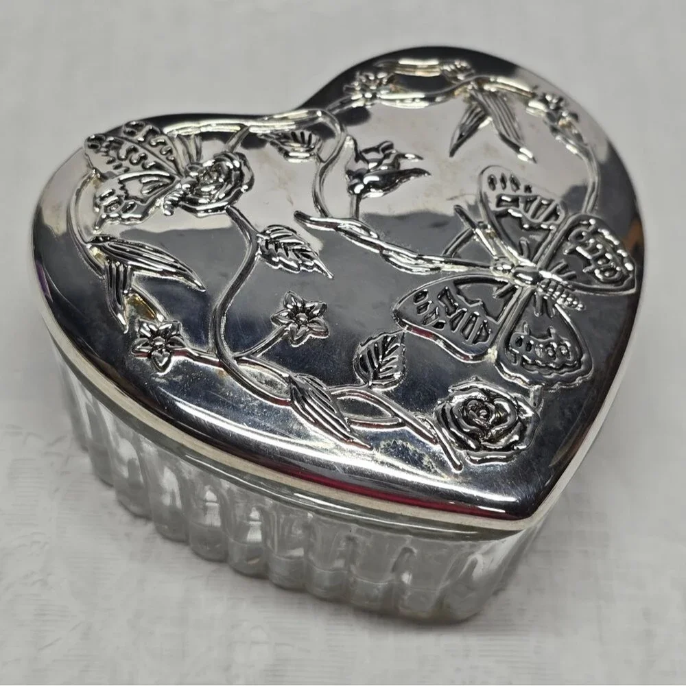 Vintage Silver Plated Butterfly Floral Lid Heart Shaped Glass Trinket Box